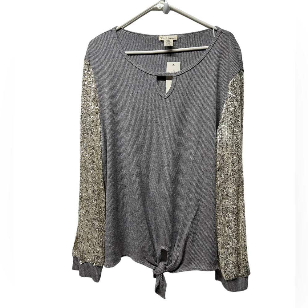 Tea Please sequin long sleeves silver gray waffle knit top sweater size 2X NWT